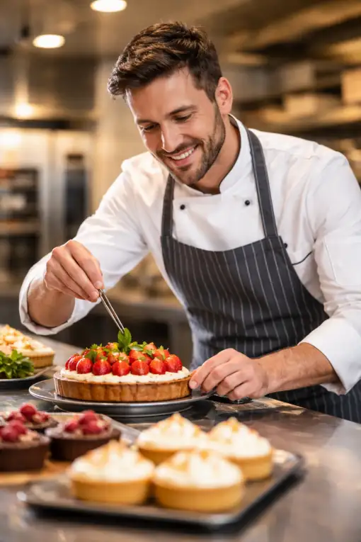 patissier-au-travail Pâtissier qui travail sur une tarte au fraise